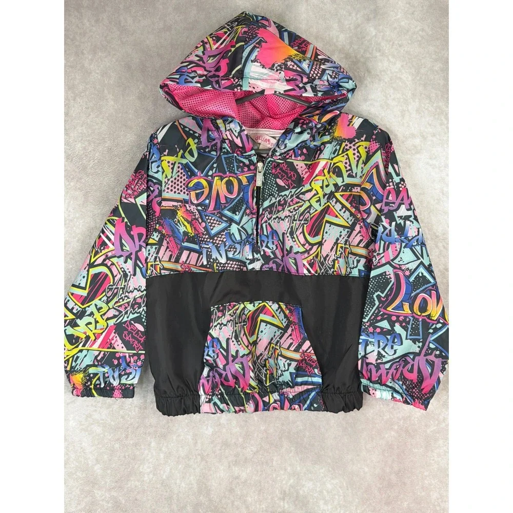 Delia*s Girl Graffiti Print Hooded‎ Windbreaker Jacket Kids Size 4T Pullover